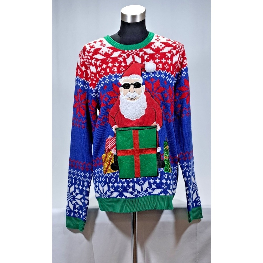 Jolly Sweaters Mens Medium Ugly Christmas Sweater Santa Sunglasses Sequins Blue‎ - Picture 2 of 7